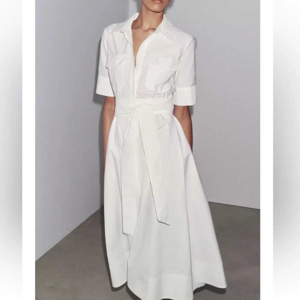 Zara Ivory Midi Shirt Dress with Waist Tie - Picture 2 of 13